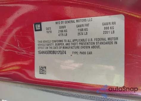 2011 Buick Lucerne Cx z USA, uszkodzony, nr VIN 1G4HA5EM3BU125574